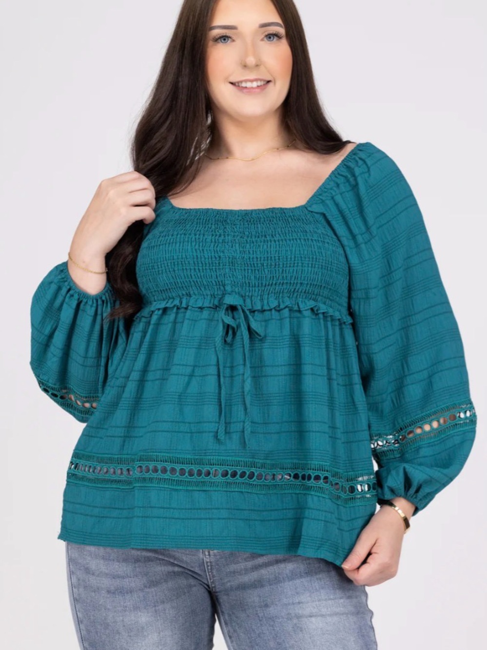 1.4.3. Story by Line Up Teal Smocked Square-Neck Peasant Blouse